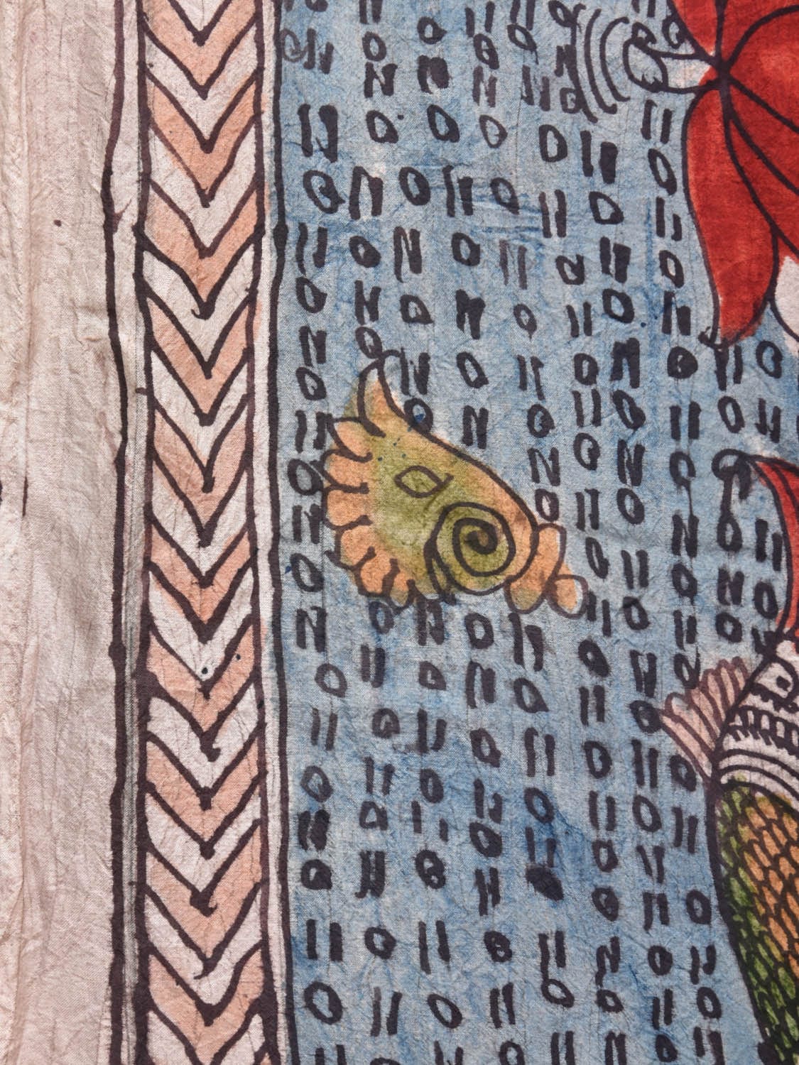 Blue and Cream Kalamkari Silk Handloom Saree with Lotus Flowers and Fish Design KL0745