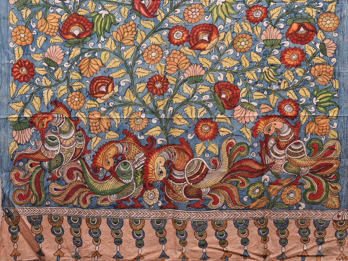 Blue and Cream Kalamkari Silk Handloom Saree with Lotus Flowers and Fish Design KL0745