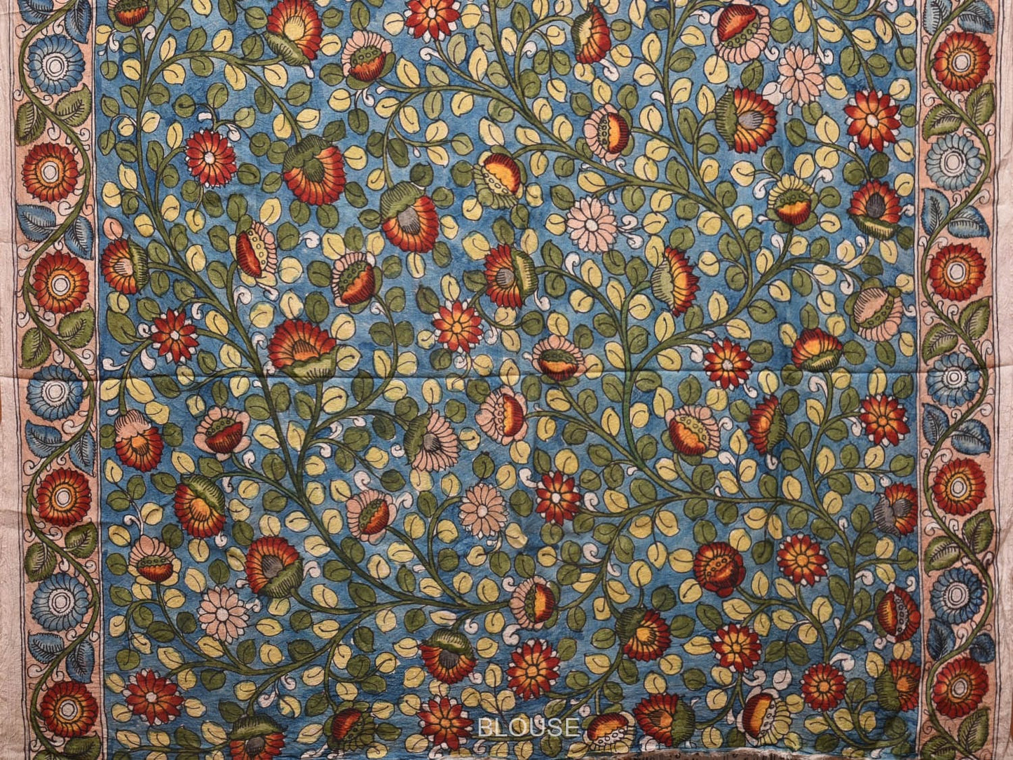 Blue and Cream Kalamkari Silk Handloom Saree with Lotus Flowers and Fish Design KL0745