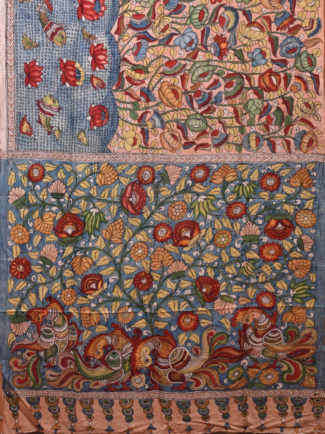 Blue and Cream Kalamkari Silk Handloom Saree with Lotus Flowers and Fish Design KL0745