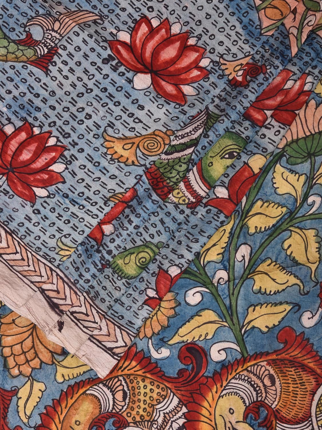 Blue and Cream Kalamkari Silk Handloom Saree with Lotus Flowers and Fish Design KL0745