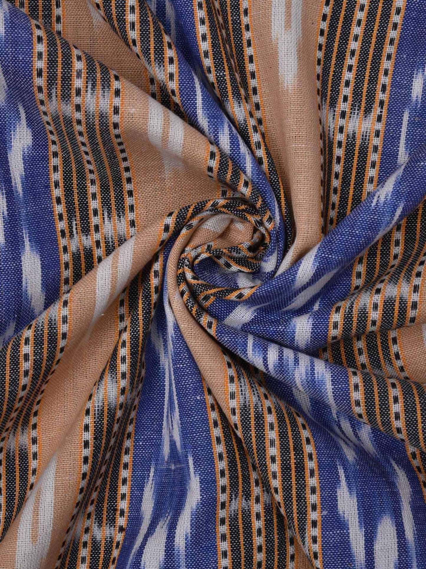 Blue And Cream Pochampally Single Ikat Cotton Handloom 2.5mts Fabric With Strips Design F0064