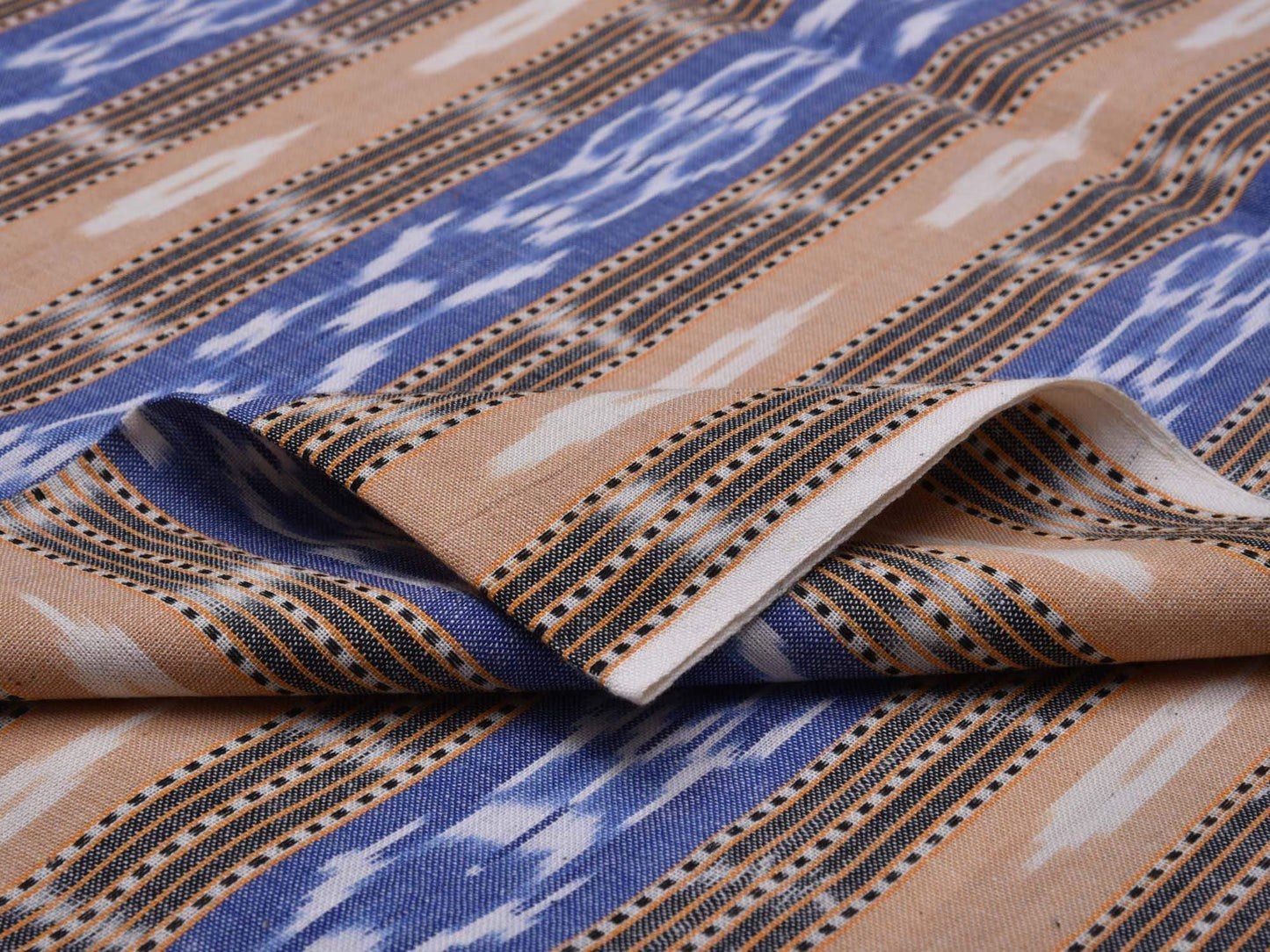 Blue And Cream Pochampally Single Ikat Cotton Handloom 2.5mts Fabric With Strips Design F0064