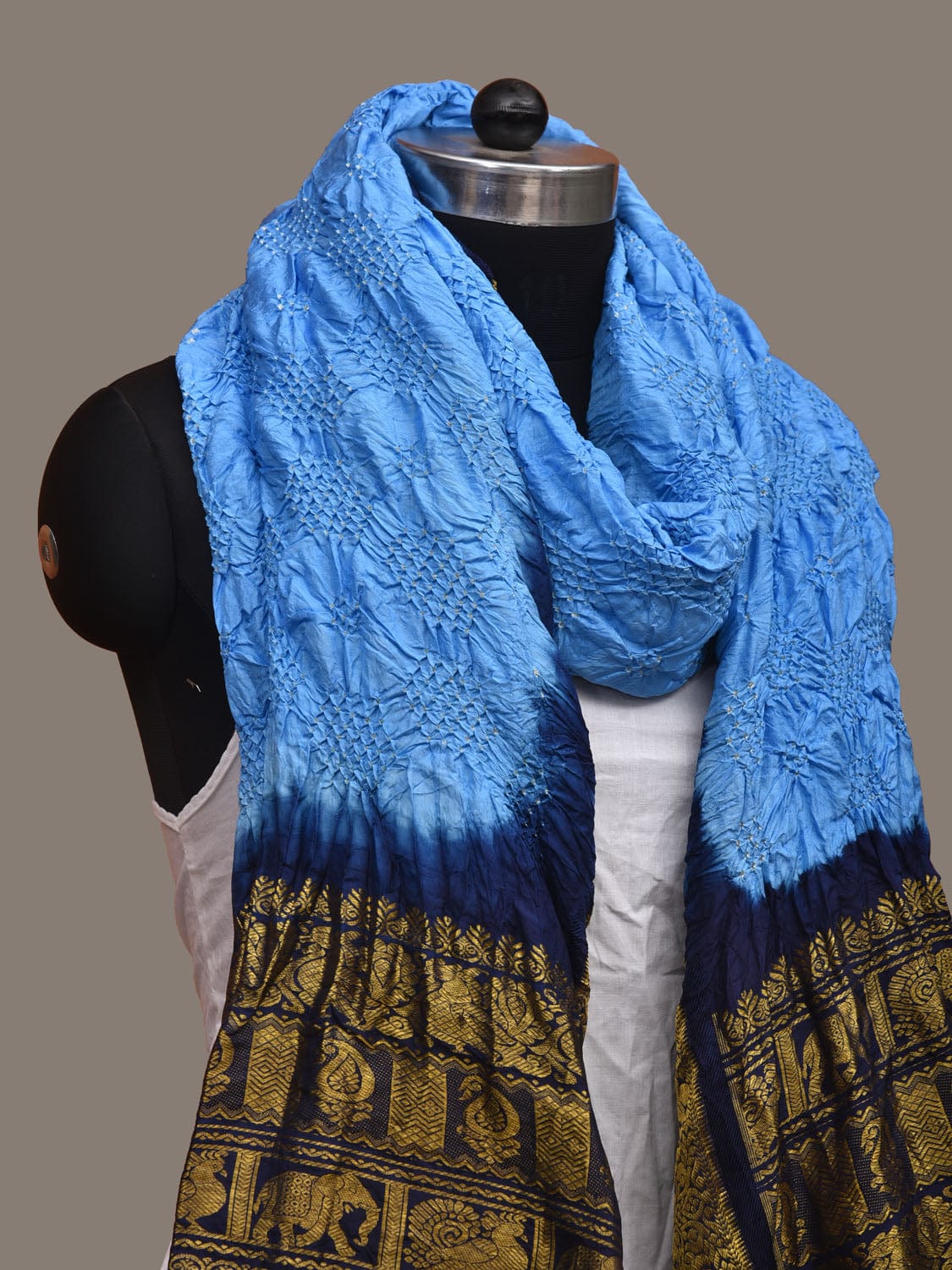 Blue and Dark Blue Bandhani Kanchipuram Silk Handloom Dupatta with Border Design ds3016