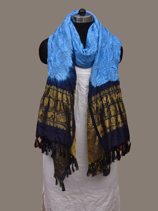 Blue and Dark Blue Bandhani Kanchipuram Silk Handloom Dupatta with Border Design ds3016