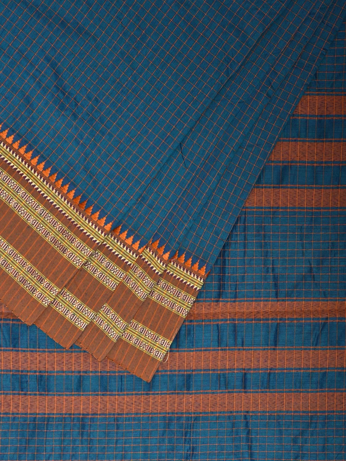 Blue and Fawn Bamboo Cotton Saree with Checks Design No Blouse bc0796