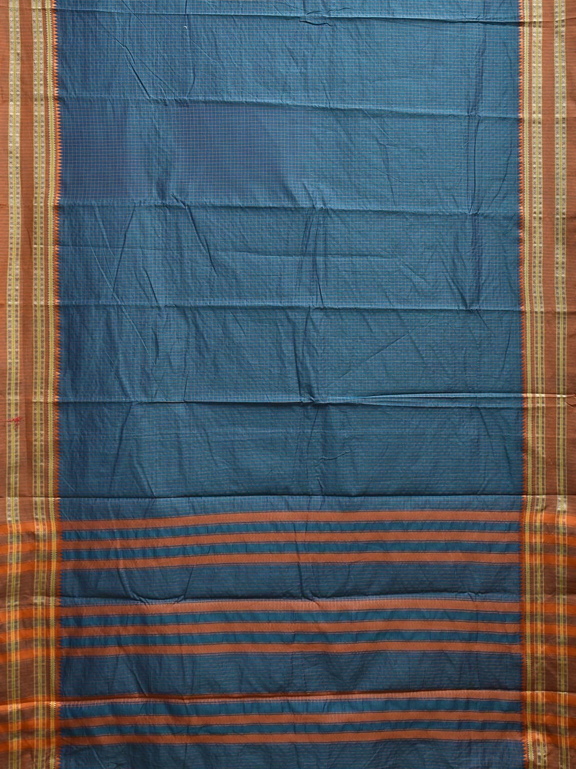 Blue and Fawn Bamboo Cotton Saree with Checks Design No Blouse bc0796