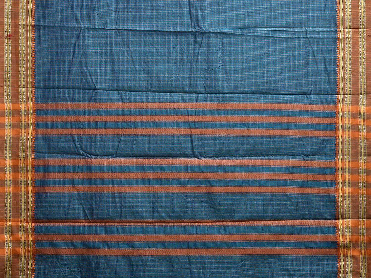 Blue and Fawn Bamboo Cotton Saree with Checks Design No Blouse bc0796