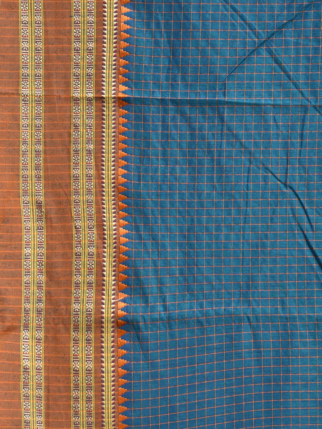 Blue and Fawn Bamboo Cotton Saree with Checks Design No Blouse bc0796