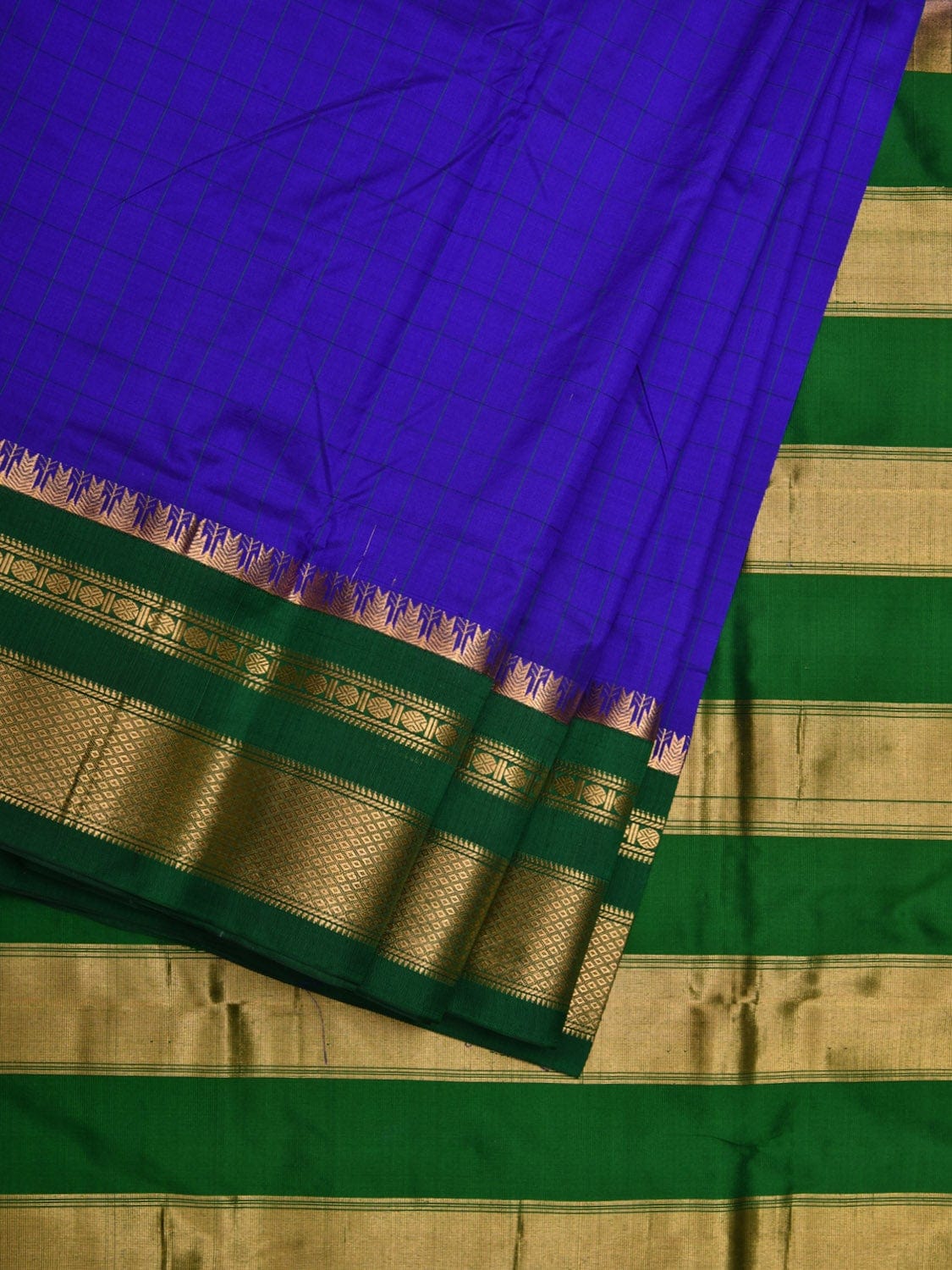 Blue and Green Gadwal Silk Handloom Saree with Checks Design g0286