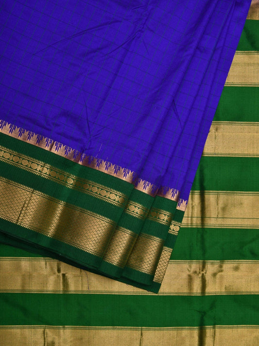 Blue and Green Gadwal Silk Handloom Saree with Checks Design g0286