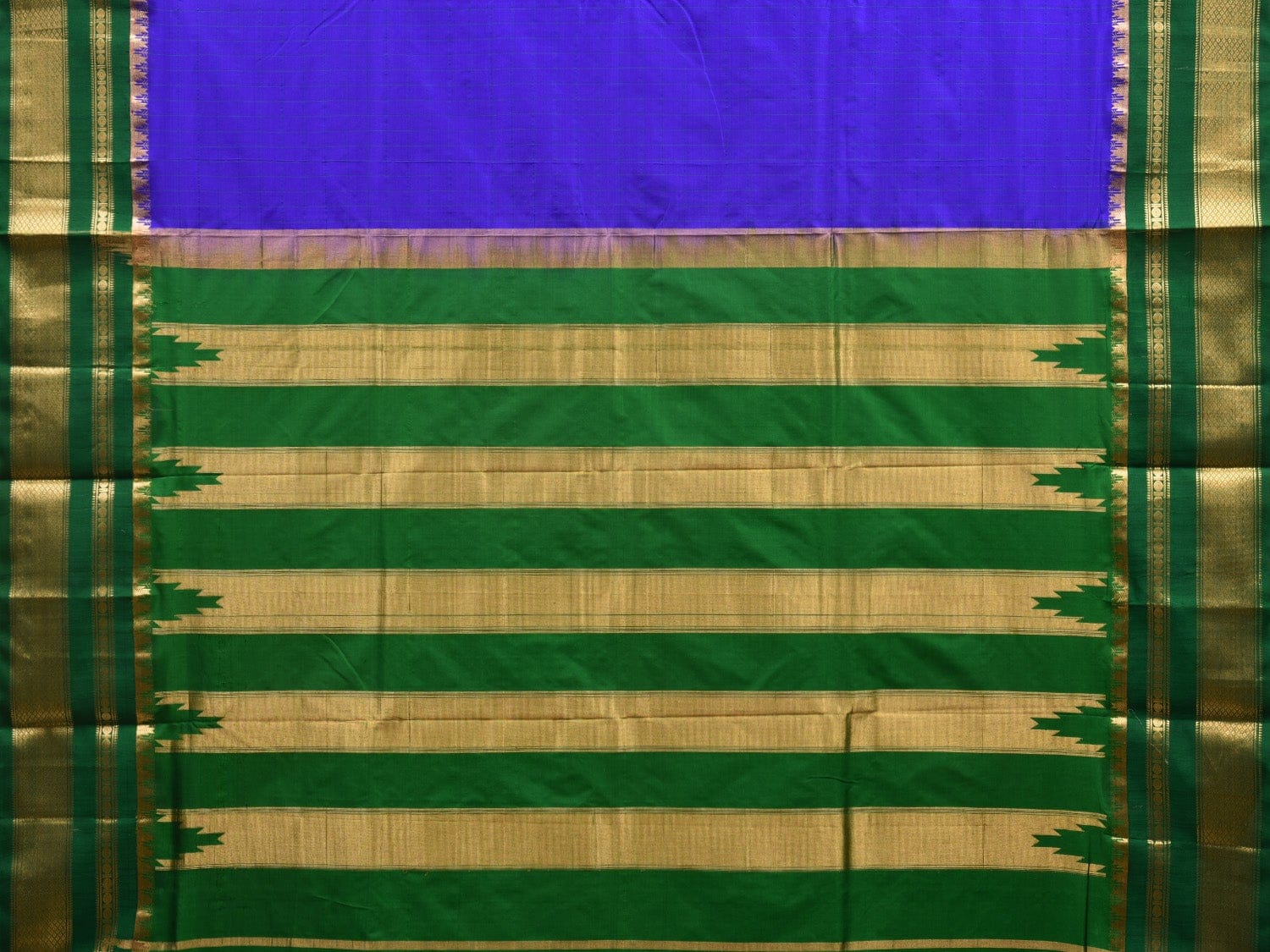 Blue and Green Gadwal Silk Handloom Saree with Checks Design g0286