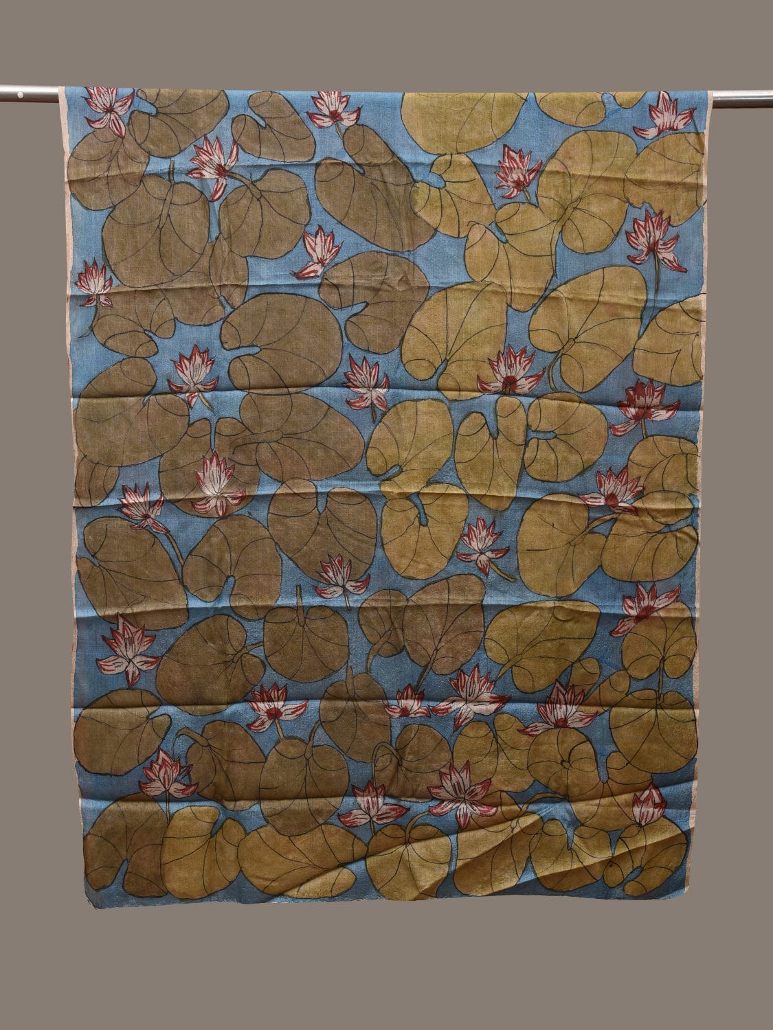 Blue and Green Kalamkari Hand Painted Tussar Handloom Dupatta with Lotus Flowers and Leaves Design ds2871