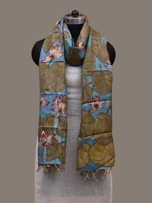 Blue and Green Kalamkari Hand Painted Tussar Handloom Dupatta with Lotus Flowers and Leaves Design ds2871