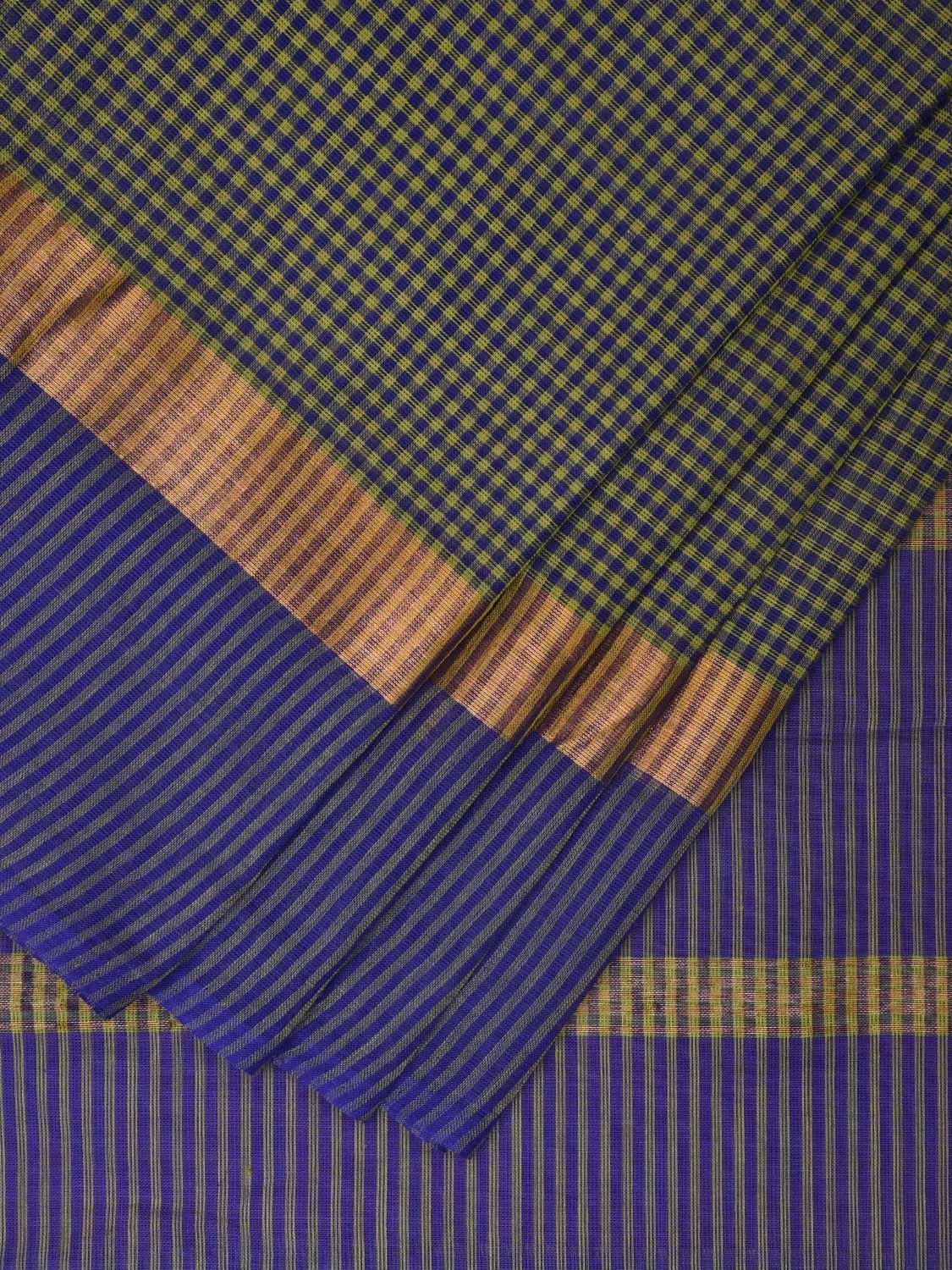 Blue and Green Kanchipuram Cotton Saree with Small Checks Design k0610