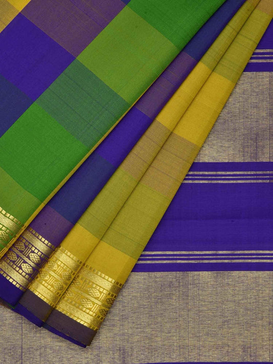 Blue and Green Kanchipuram Silk Handloom Saree with Checks Design K0363