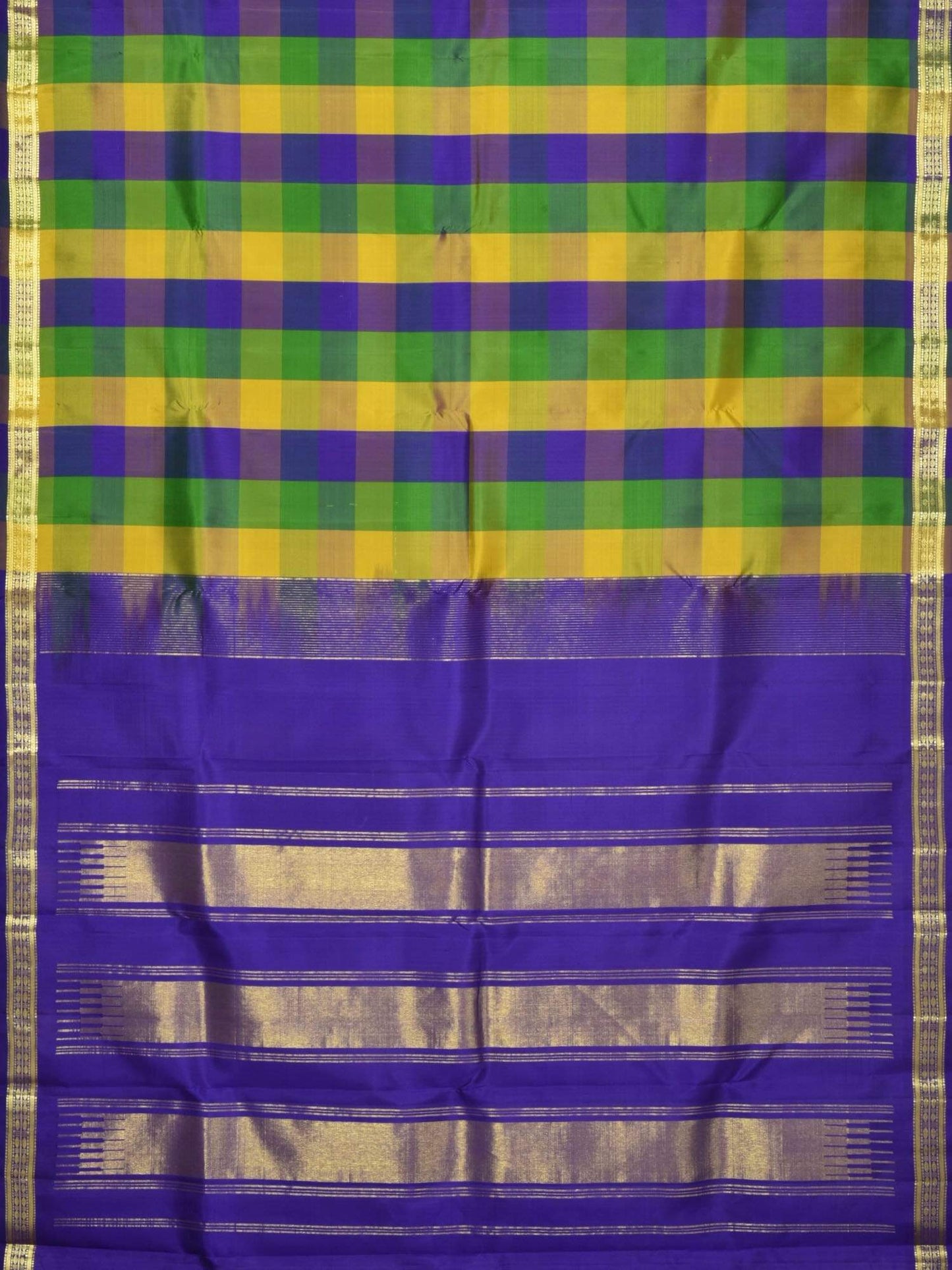 Blue and Green Kanchipuram Silk Handloom Saree with Checks Design K0363