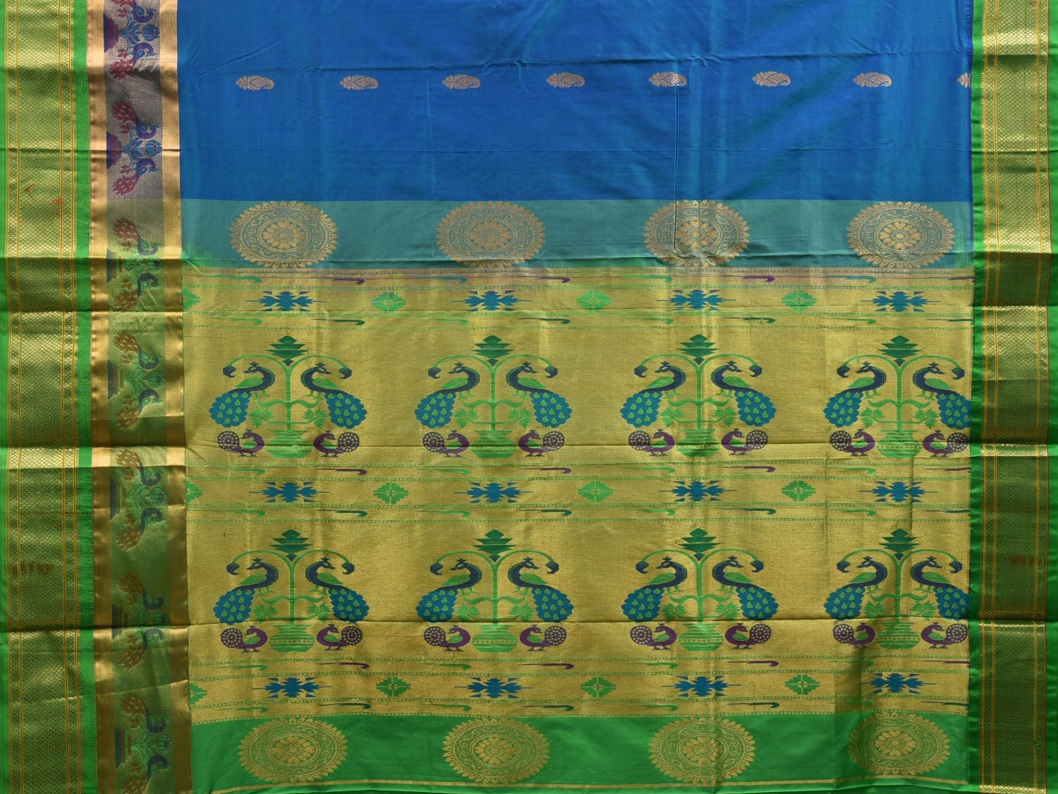 Blue and Green Paithani Silk Handloom Saree with Pallu and Border Design p0417