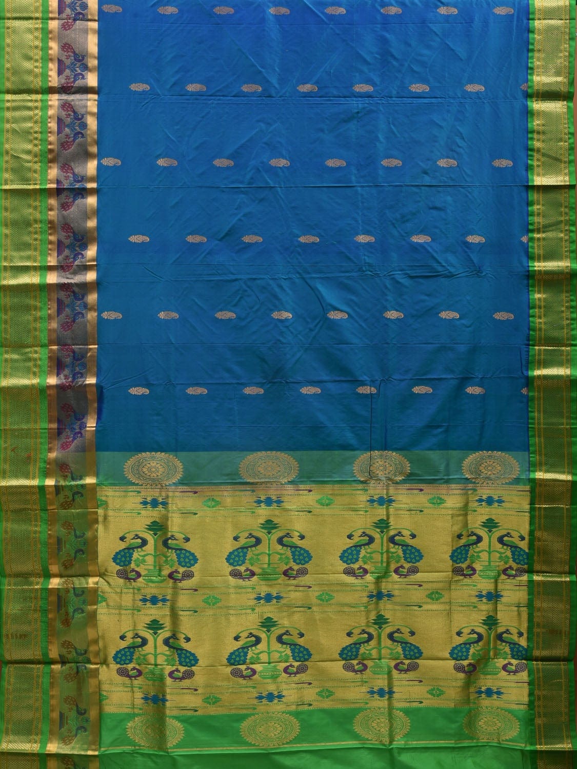 Blue and Green Paithani Silk Handloom Saree with Pallu and Border Design p0417