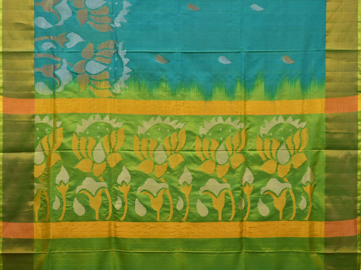 Blue and Green Uppada Silk Handloom Saree with One Side Lotus Border Design u1908