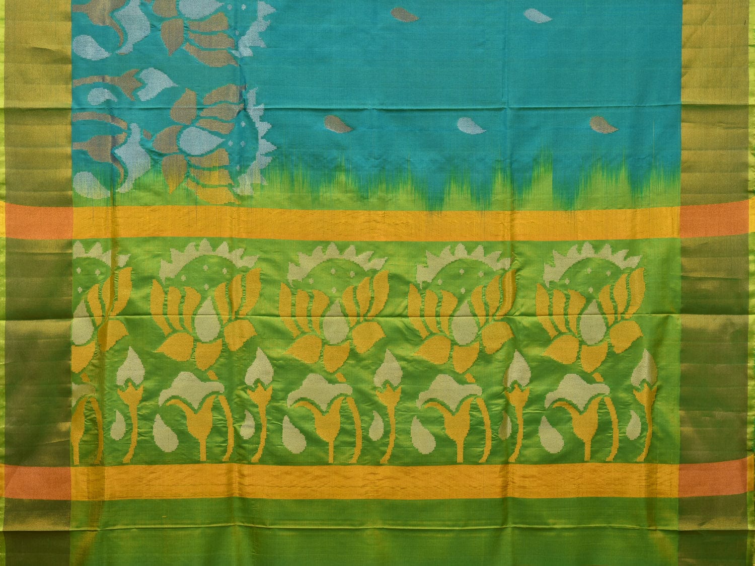 Blue and Green Uppada Silk Handloom Saree with One Side Lotus Border Design u1908