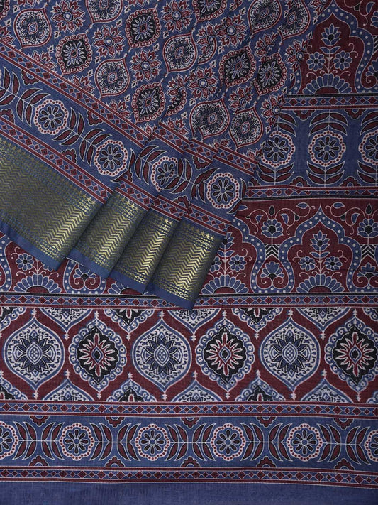 Blue and Maroon Bamboo Cotton Saree with DIgital Print Design bc0843