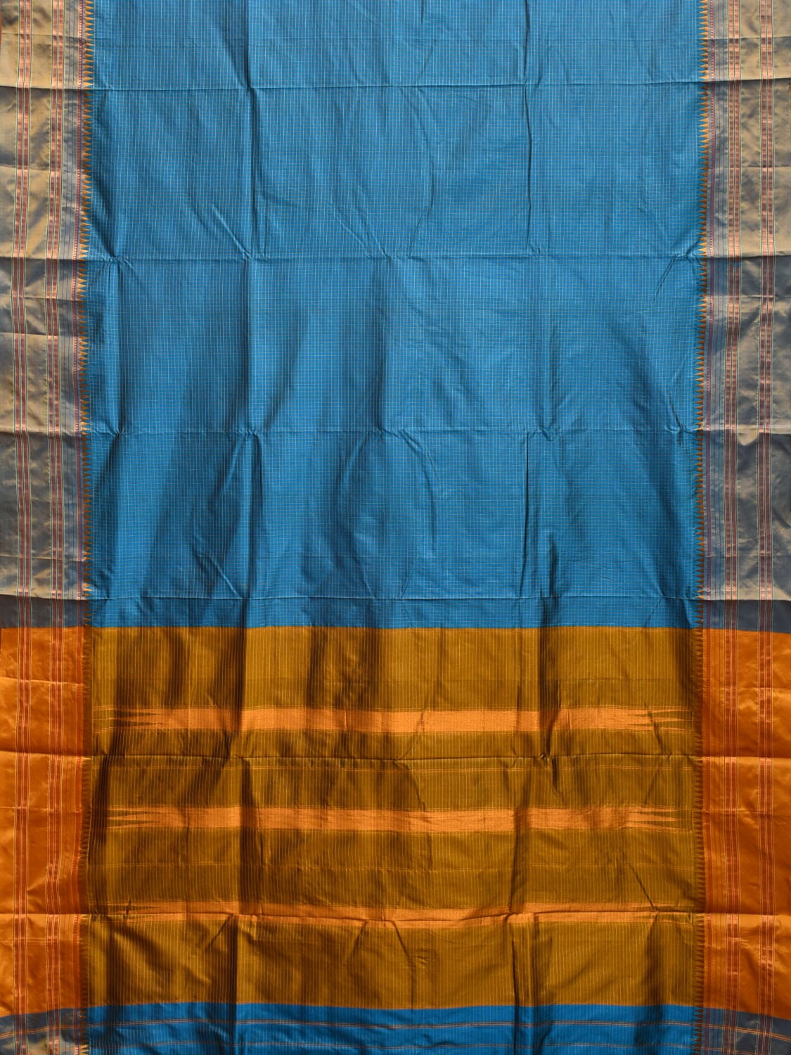 Blue and Mustard and Blue Narayanpet Silk Handloom Saree with Checks Design No Blouse np0826