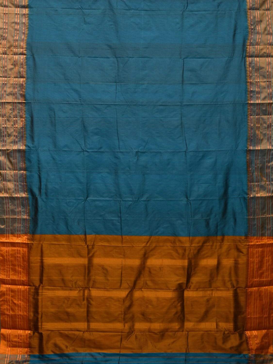 Blue and Mustard Narayanpet Silk Handloom Saree with Checks Design No Blouse np0437