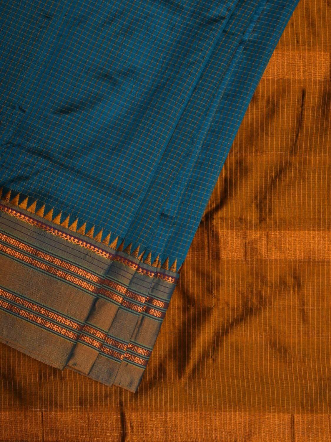 Blue and Mustard Narayanpet Silk Handloom Saree with Checks Design No Blouse np0437