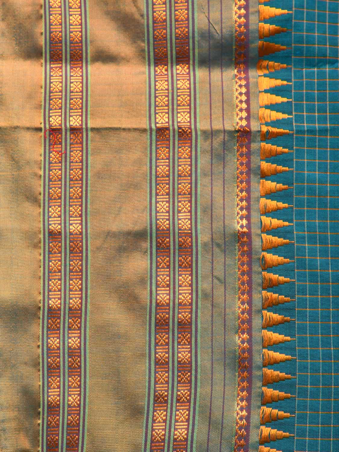 Blue and Mustard Narayanpet Silk Handloom Saree with Checks Design No Blouse np0437