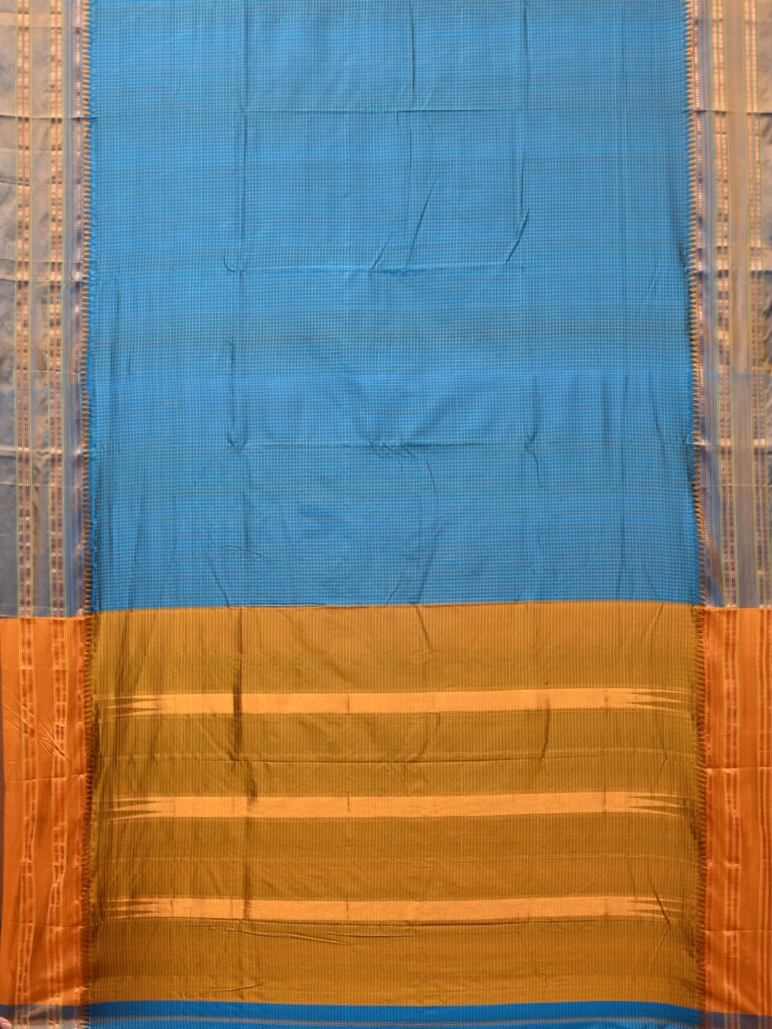 Blue and Mustard Narayanpet Silk Handloom Saree with Checks Design No Blouse np0729