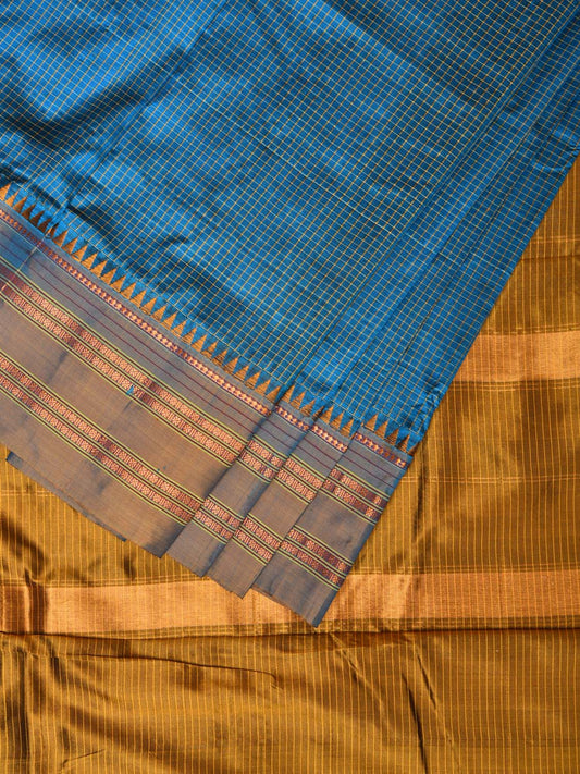 Blue and Mustard Narayanpet Silk Handloom Saree with Checks Design No Blouse np0729