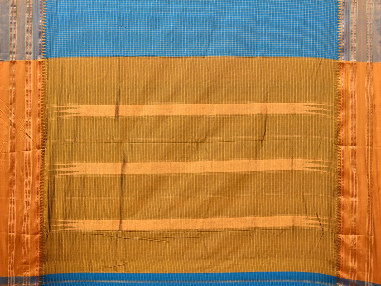 Blue and Mustard Narayanpet Silk Handloom Saree with Checks Design No Blouse np0729