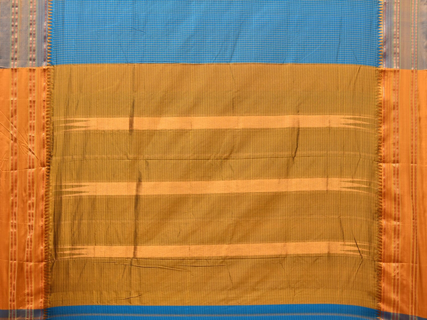 Blue and Mustard Narayanpet Silk Handloom Saree with Checks Design No Blouse np0729