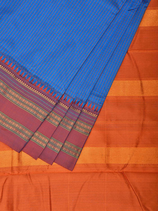 Blue and Orange Narayanpet Silk Handloom Saree with Checks Design No Blouse np1058