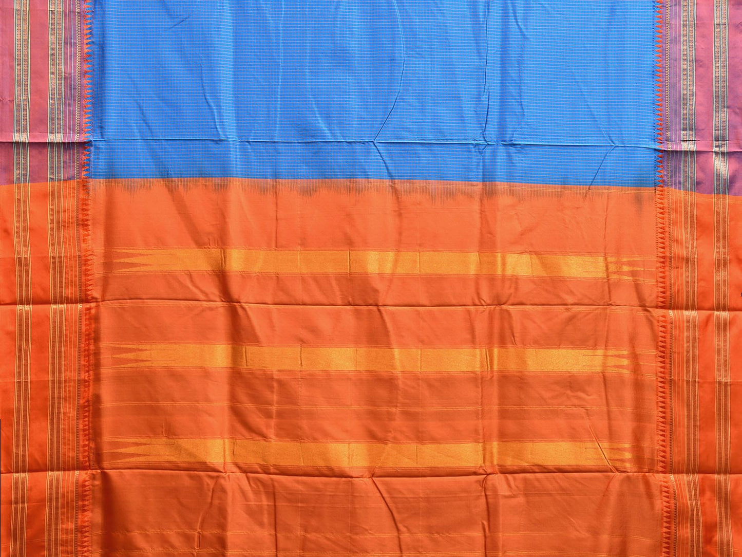 Blue and Orange Narayanpet Silk Handloom Saree with Checks Design No Blouse np1058