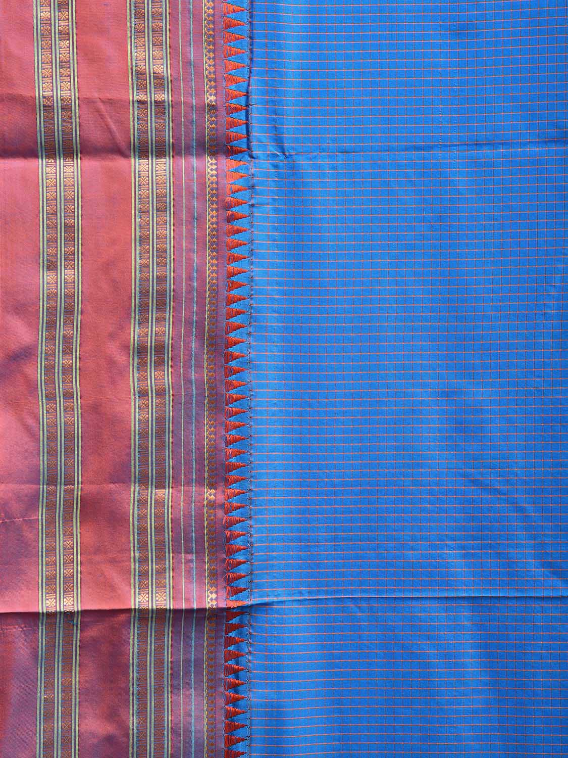 Blue and Orange Narayanpet Silk Handloom Saree with Checks Design No Blouse np1058