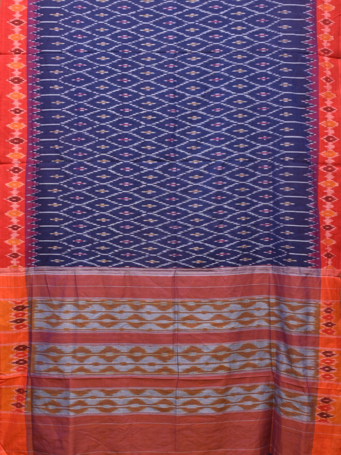 Blue and Orange Pochampally Ikat Cotton Handloom Saree with Grill Design No Blouse i0797