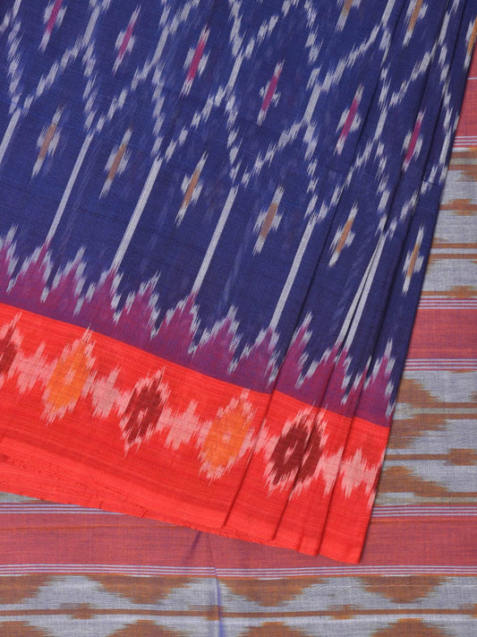 Blue and Orange Pochampally Ikat Cotton Handloom Saree with Grill Design No Blouse i0797
