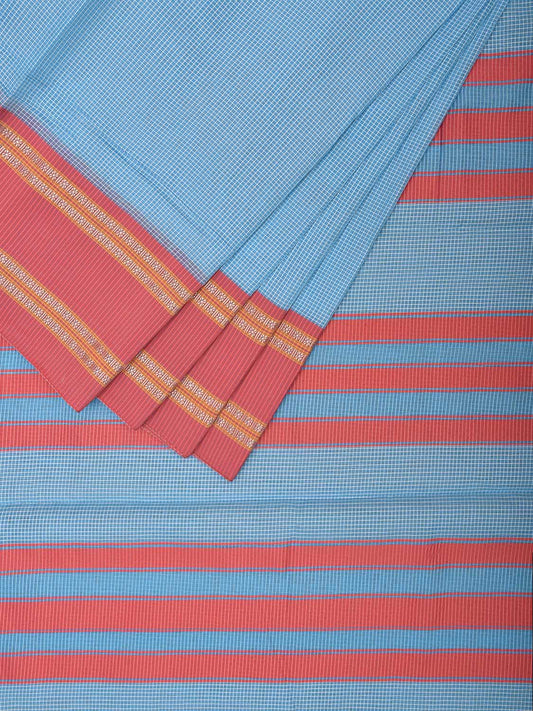 Blue and Peach Bamboo Cotton Saree with Small Checks Design No Blouse bc0631