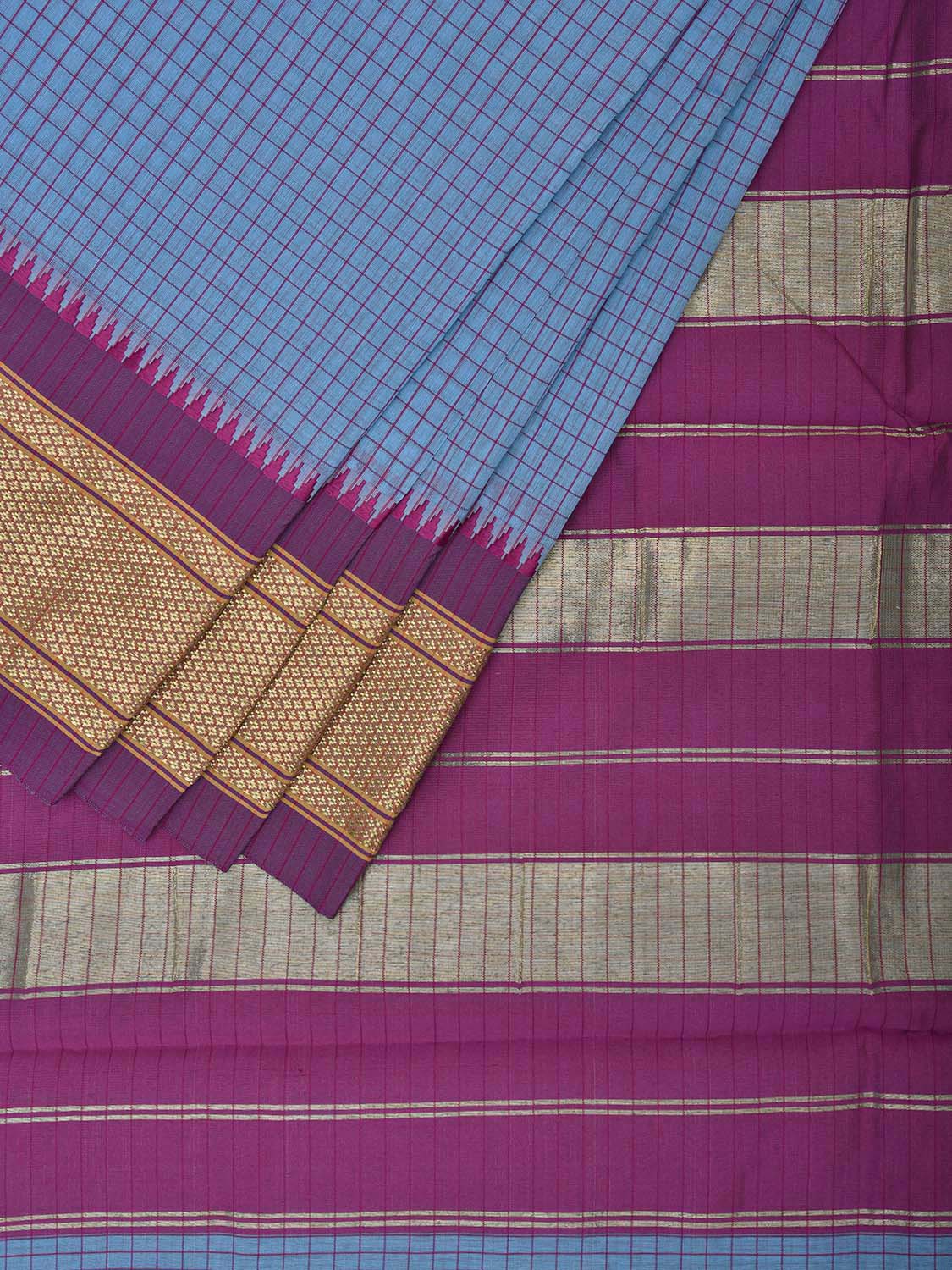Blue and Pink Bamboo Cotton Saree with Checks Design No Blouse bc0646