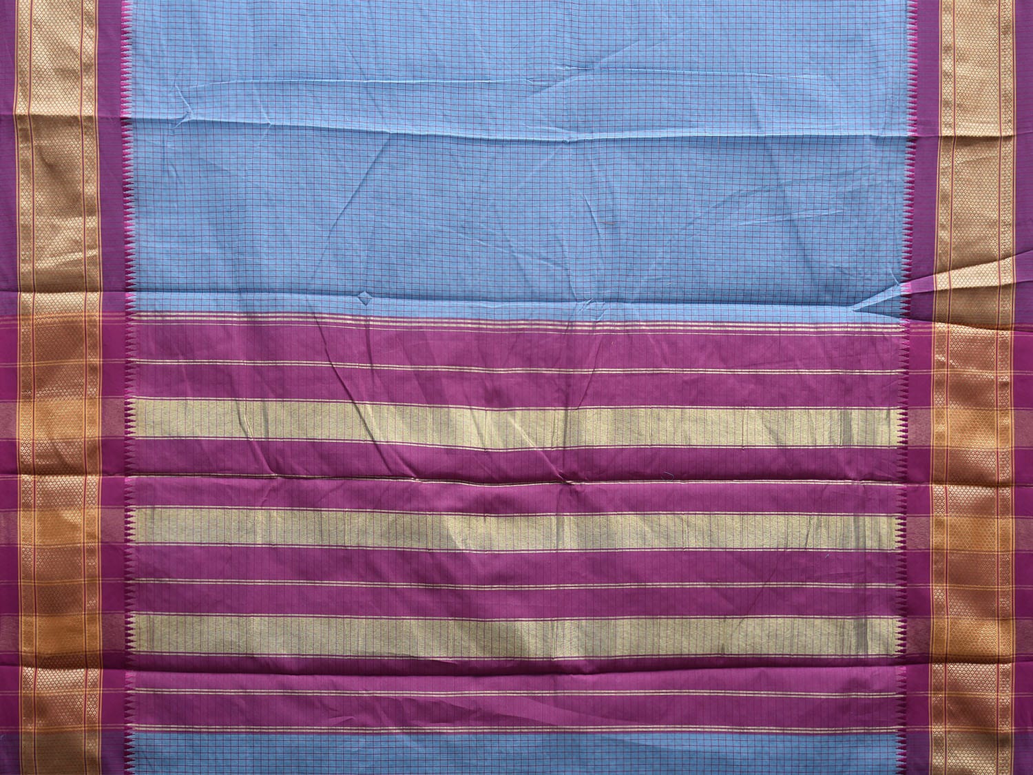 Blue and Pink Bamboo Cotton Saree with Checks Design No Blouse bc0646