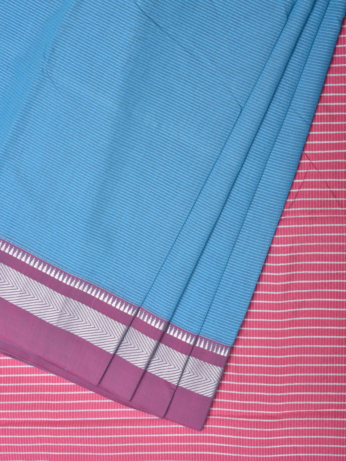 Blue and Pink Bamboo Cotton Saree with Strips Design No Blouse bc0235