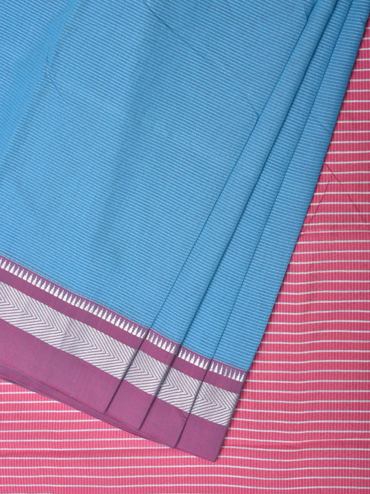 Blue and Pink Bamboo Cotton Saree with Strips Design No Blouse bc0235