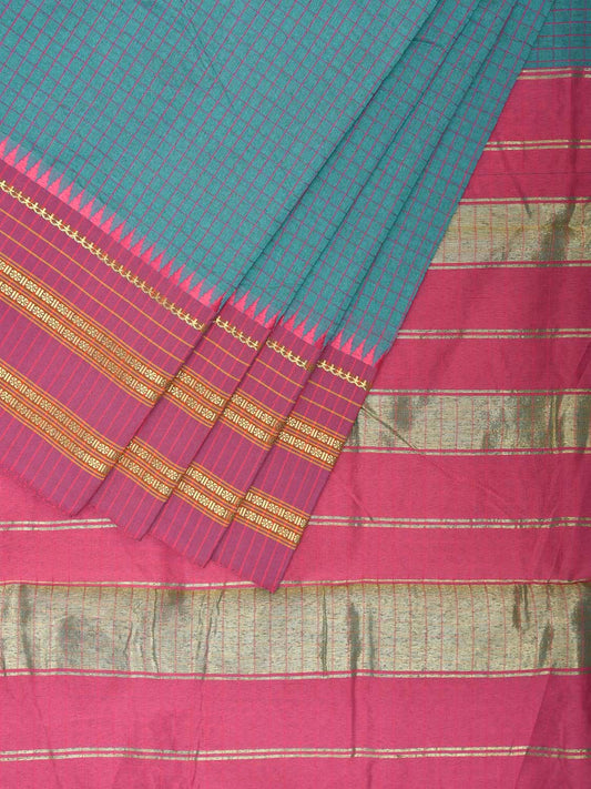 Blue and Pink Bamboo Cotton Viscose Silk Saree with Checks Design No Blouse bc0757
