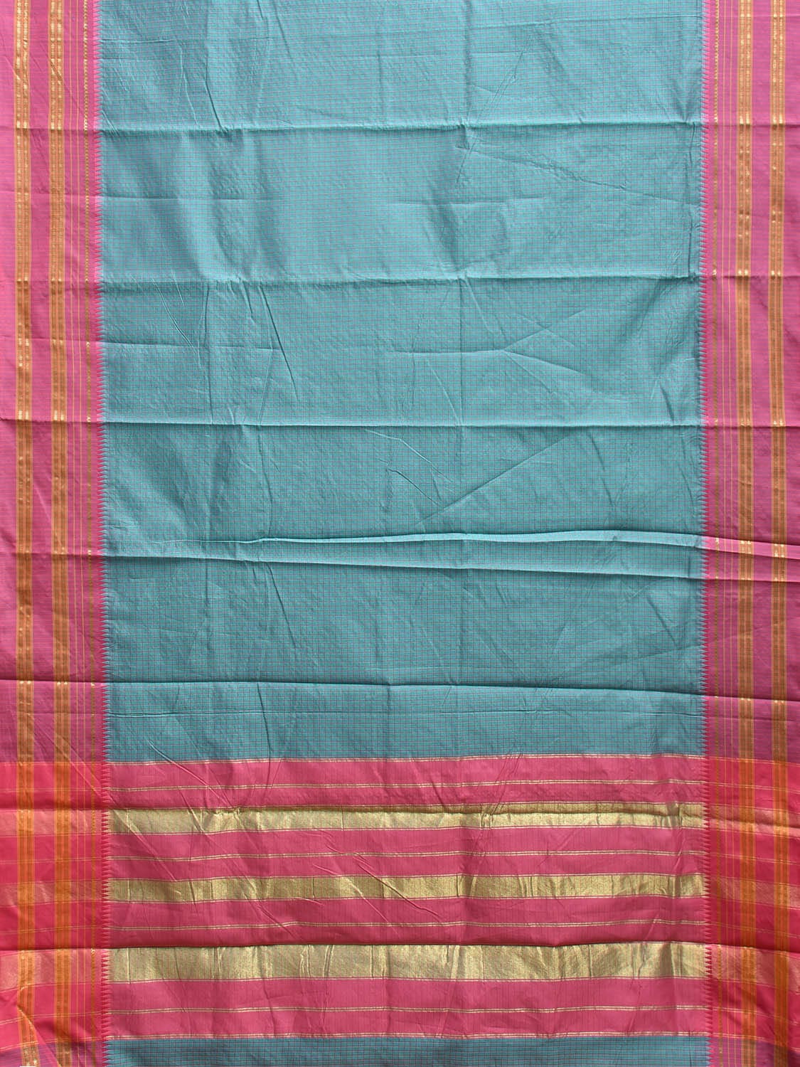 Blue and Pink Bamboo Cotton Viscose Silk Saree with Checks Design No Blouse bc0757