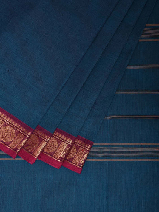 Blue and Pink Kanchipuram Cotton Plain Saree with Elephant Border Design Kalamkari Blouse k0817