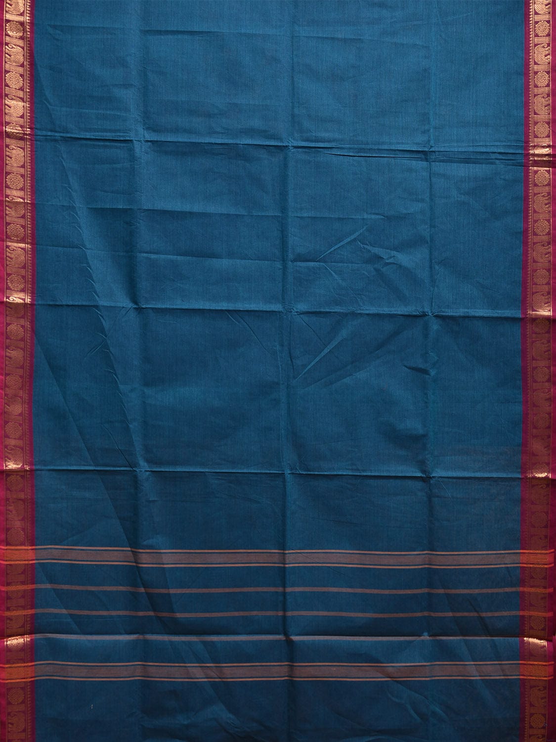 Blue and Pink Kanchipuram Cotton Plain Saree with Elephant Border Design Kalamkari Blouse k0817