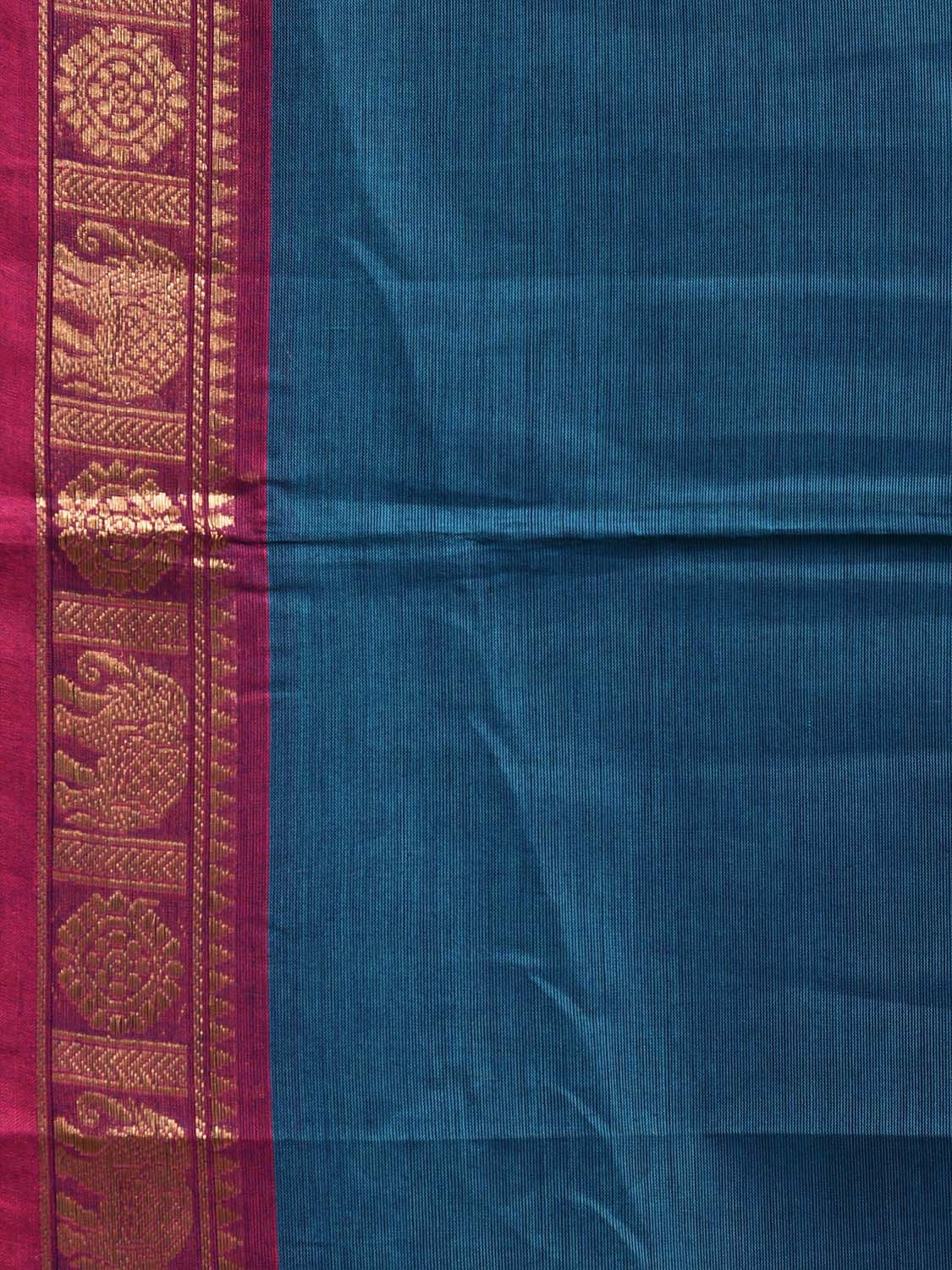 Blue and Pink Kanchipuram Cotton Plain Saree with Elephant Border Design Kalamkari Blouse k0817