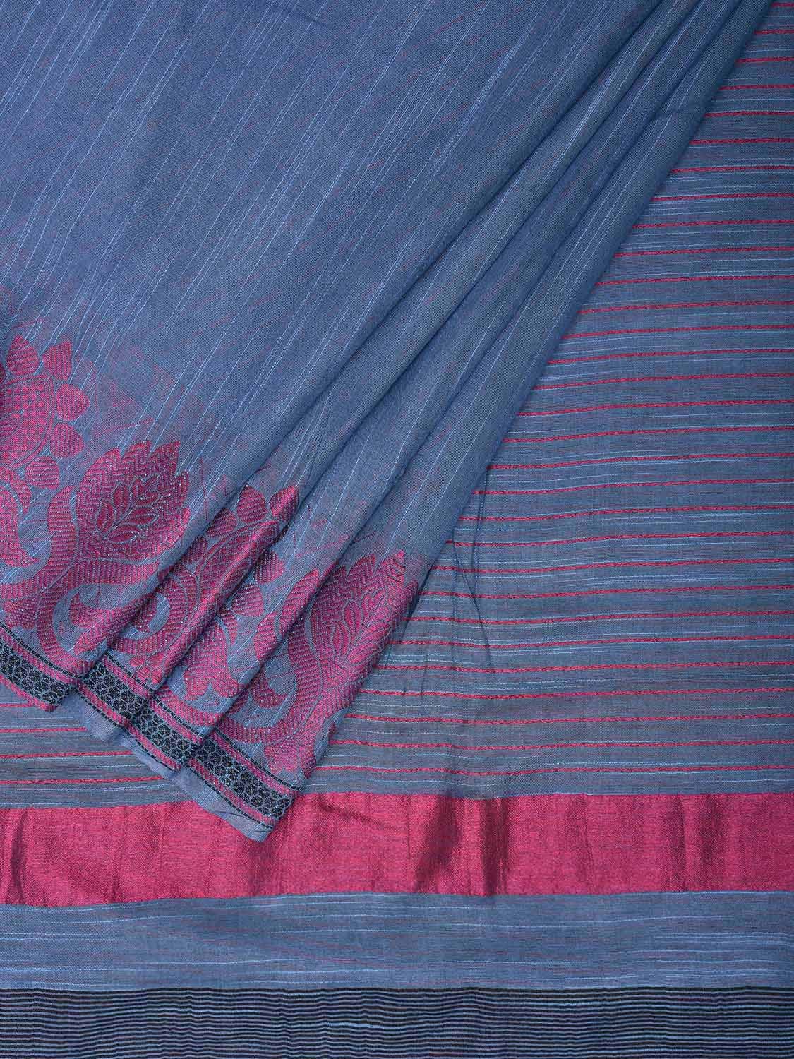 Blue and Pink Tussar Plain Saree with Border and Strips Pallu Design o0570